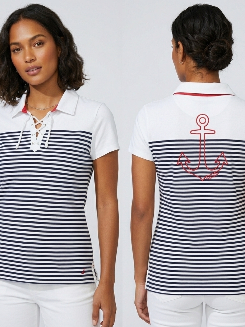 Nautica Striped Lace-Up Polo Shirt Anchor Back White Navy Large